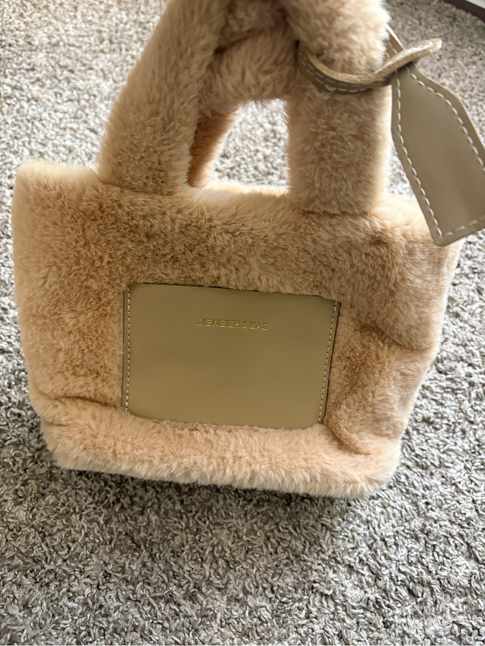 Plush Faux-Fur Mini Tote in Beige